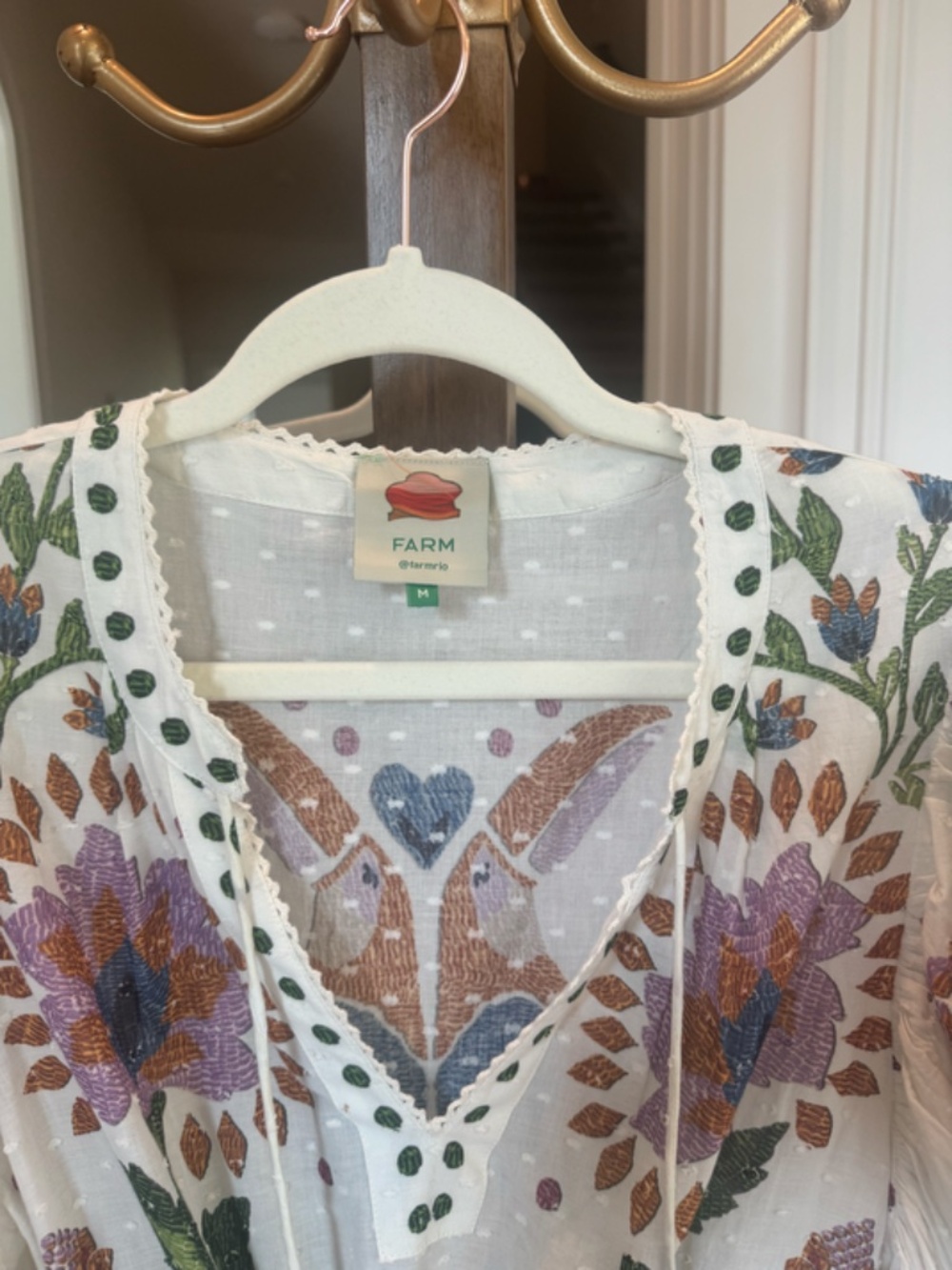 FARM RIO Floral Bird Embroidered Mini Dress Puff Sleeve Boho Size M - Picture 2 of 3